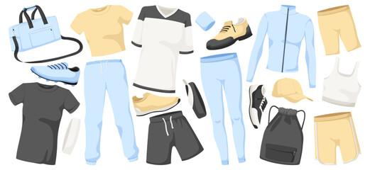 Collection of fashion casual clothes, summer clothing set. T-shirt, pants, trousers, handbag, rucksack, footwear, boots, sneakers, shorts. Isolated on white background. Vector illustration.