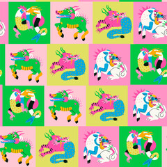 Monster or Beast set. Cute abstract characters. Cartoon trendy unique style. Hand drawn Vector illustration. Funny comic creatures. Square seamless Pattern. Background, wallpaper