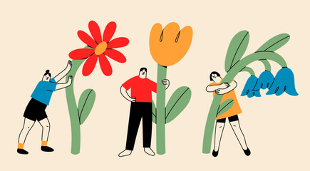 Various people with a giant Flowers. Young person holding flower. Cute funny isolated characters. Cartoon style. Hand drawn Vector illustration. Flower delivery service, florist, botanical concept