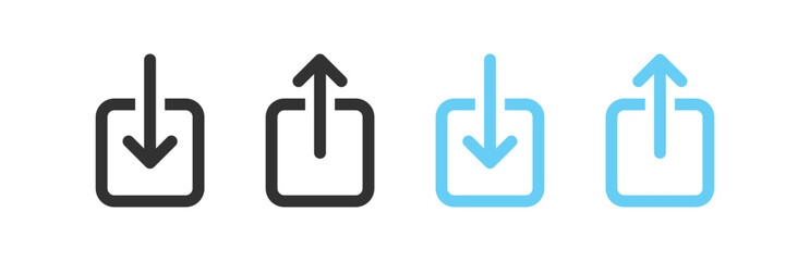 Upload icon. Arrow up, down signs. Download file symbol. Send symbols. Storage document icons. Black, blue color. Vector isolated sign.