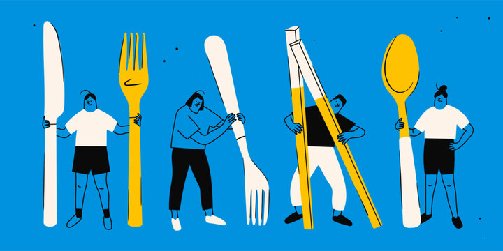 Tiny people with giant kitchen Utensils. Person holding fork, knife, spoon, chopsticks. Cute isolated characters. Cartoon style. Hand drawn Vector illustration. Food service, restaurant concept