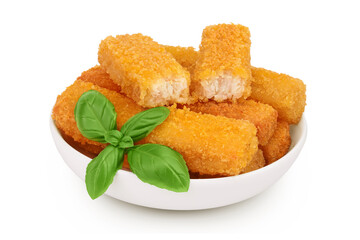 Fish finger or stick with basil in ceramic bowl isolated on white background with full depth of field
