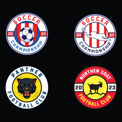 Vector Set of colorful soccer logos  in circle layout, and emblems collection. ,goat, panther illustration logos on isolated backgrounds, editable text vector templates, club, championship, 