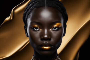 Amazing beautiful dark afro american black woman face portrait with gold or golden lips. Ai generated