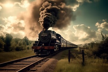 An old-fashioned steam locomotive puffs along the tracks. Generative AI. - obrazy, fototapety, plakaty