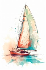 Fototapeta premium Abstract drawing of sailboat in the sea in color, on white background. Generative AI.