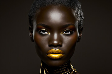 Amazing beautiful dark afro american black woman face portrait with gold or golden lips. Ai generated