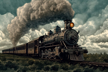 Fototapeta na wymiar An old-fashioned steam locomotive puffs along the tracks. Generative AI.