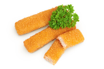 Fish finger or stick with parsley isolated on white background. Top view. Flat lay.