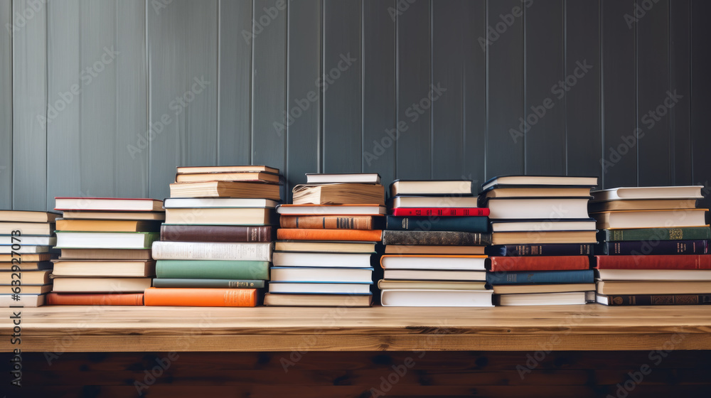 Aufkleber stack of books on wooden table against a wooden background. created with generative ai technology.