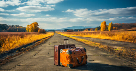 Traveler's Escape: Suitcase on the Open Highway in the Countryside