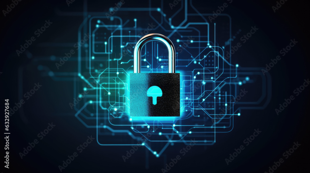 Poster closed digital lock key on digital background. cybersecurity and information or network protection. 