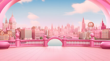3D rendering of a fairy tale city in pink and blue colors