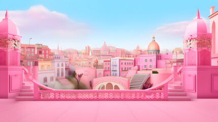 3D rendering of a fairy tale city in pink and blue colors