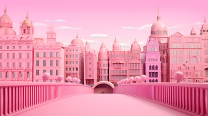 3D rendering of a fairy tale city in pink and blue colors