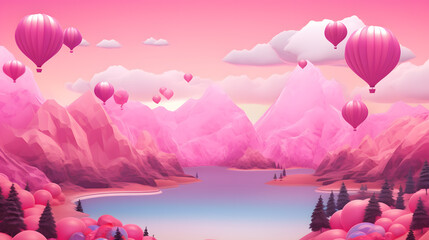 3d render of abstract mountain landscape with pink and white color background
