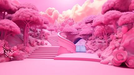 Pink fantasy castle with pink balloons and stairs. 3D rendering.
