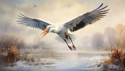 Obraz premium Majestic Winter Flight: Capturing the Elegance of a White Stork Soaring Across a Frosty Landscape