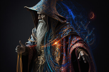 Fantastic blue beautiful intricate wizard creative vector illustration design character. Magic and wizardry. Ai generated