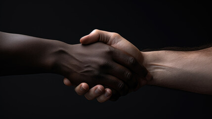 Handshake between two people with different skin colors. The concept of diversity and equality. Created with Generative AI technology.