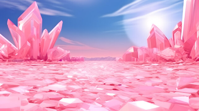 3d render of pink crystals with city skyline in the background, lowpoly, blurred