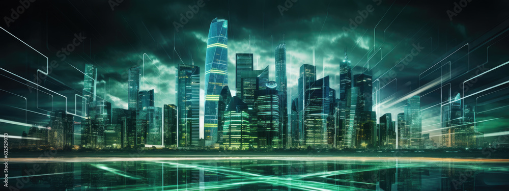 Poster abstract background of green smart futuristic city. created with generative ai technology.