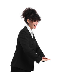 Beautiful young businesswoman in suit on white background