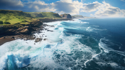 Fototapeta premium Aerial view of the ocean during a storm with waves. Created with Generative AI technology.