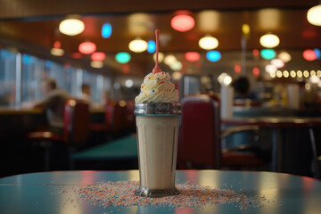 Creamy milkshake on the table in cafe