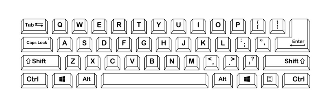Keyboard. Linear, black, computer keyboard, keyboard keys, English layout. Vector illustration