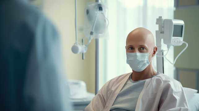 Bald Man Battles Cancer While Undergoing Chemotherapy At The Hospital. Created With Generative AI Technology.