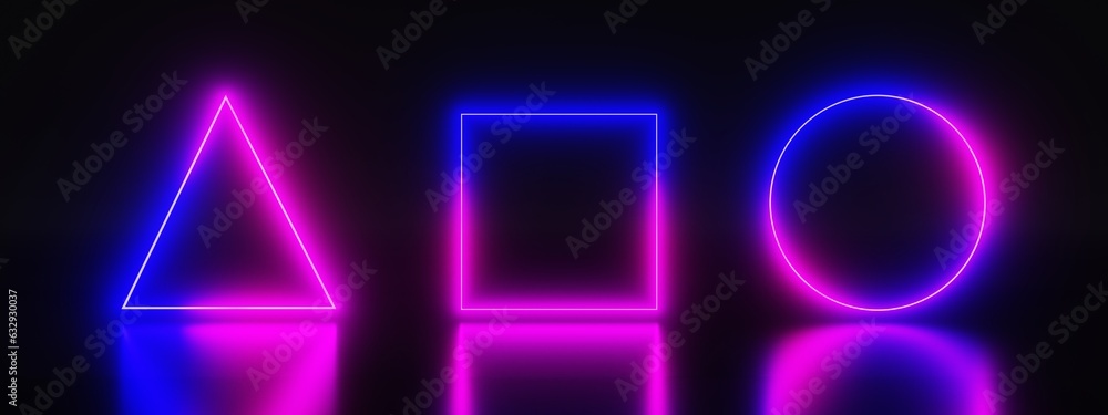 Poster neon frames, isolated colorful led triangle, square and circle borders 3d render set. blue and pink 