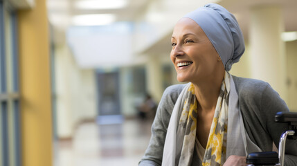 Middle-aged woman cancer patient wearing headscarf and smiling