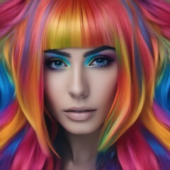 Fototapeta premium A portrait of a person with a cascade of rainbow-colored hair, expressing their vibrant personality1