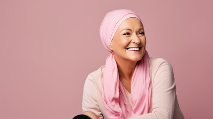 Middle-aged woman cancer patient wearing headscarf and smiling on pink background. Created with Generative AI technology.