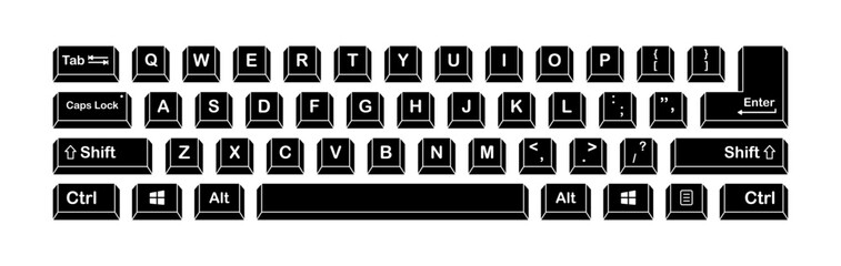 Keyboard. Silhouette, black, computer keyboard, keyboard keys, English layout. Vector illustration - obrazy, fototapety, plakaty