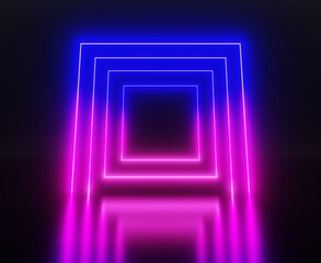 Futuristic neon portal, tunnel of square light frames, glow blue pink gate of led lamps on water surface 3d render. Modern art gallery, cyber space stage on black abstract background. 3D illustration