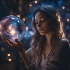 Naklejka premium A portrait of a person with a swirling galaxy inside a crystal orb they hold, symbolizing their dreams and aspirations1