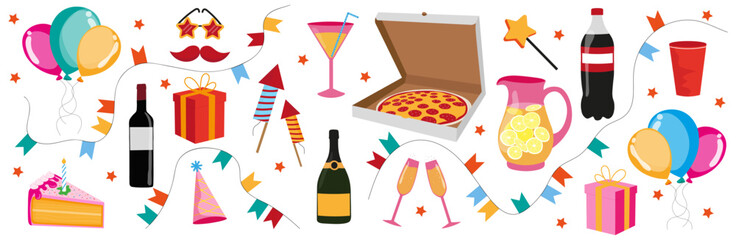 Party set. Fun birthday celebration. Happy holiday decoration. Cartoon balloon, pizza, hat, fireworks. Festive collection. Colorful event design. Isolated on white background. Vector illustration
