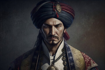 Obraz premium Ottoman man with turban on his head. Turkish general or old pascha army man with fierce look. Sultan concept. Ai generated