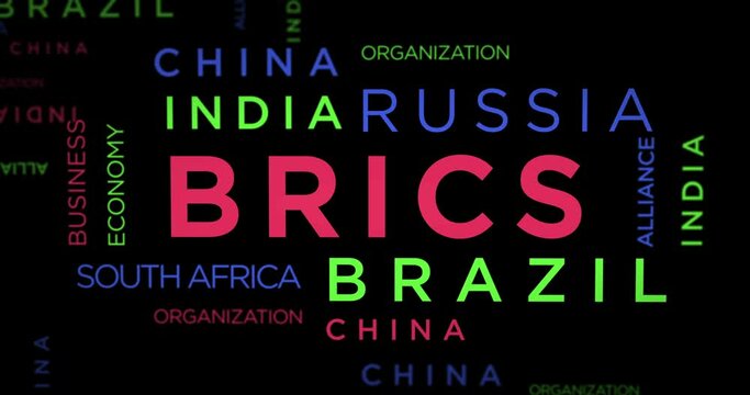 BRICS kinetic text abstract concept animated. Brazil Russia India China South Africa typography 3d words cloud animation.