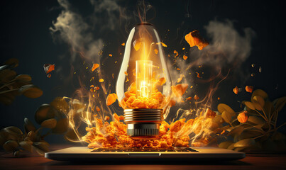 Abstract burning incandescent lamp on an abstract dark background.