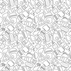Fast food. Seamless pattern of black and white fast food icons. For the design of the menu of restaurants and fast food outlets. Vector
