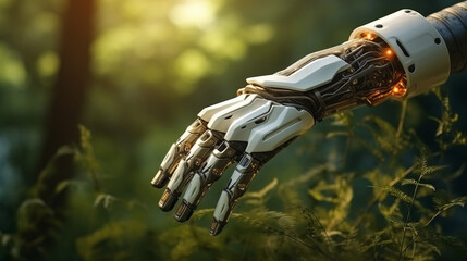 A futuristic robotic hand with illuminated palm