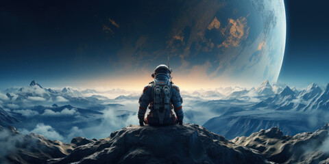 Astronaut sitting on a cliff on the Moon in front of planet Earth. Generative AI - obrazy, fototapety, plakaty