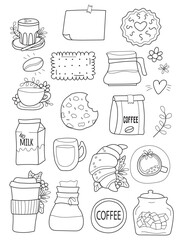 Coloring book. Set of with elements of coffee and cookies, croissant, milk, cups, cocoa, coffee packaging, flowers and leaves on white background. Clipart. Vector illustration.