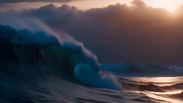 a large wave hitting the ocean in the sun sets. 4K. Generative AI