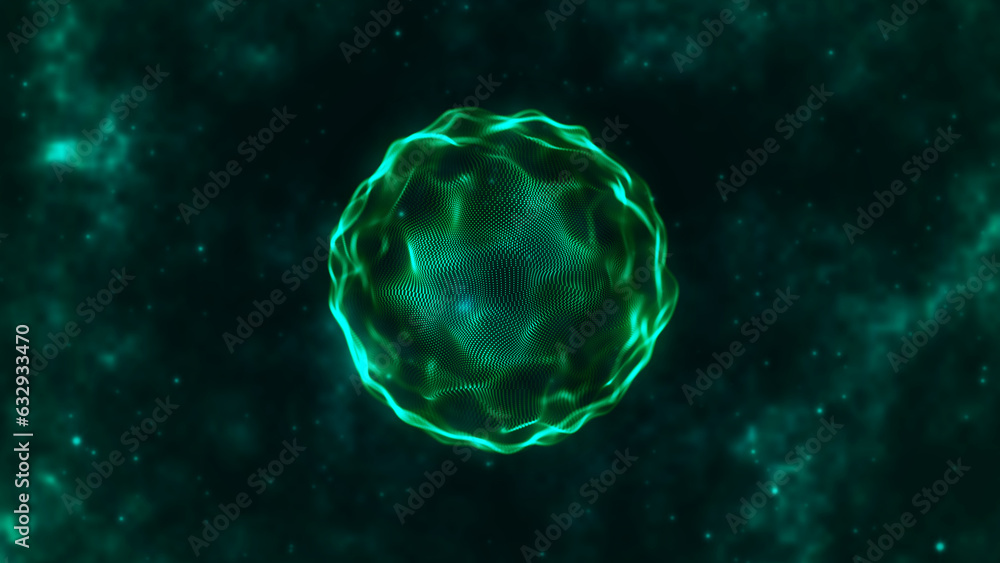 Poster abstract liquid geometric sphere. smooth movement on a dark background. energy sphere of bright part