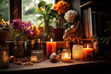 intimate photo of a personal altar in a home, adorned with meaningful objects, providing a space for meditation and reflection Generative AI