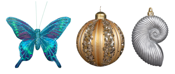 Vintage multicolored glass toy for Christmas tree balloon, butterfly, seashell decoration close-up isolated on transparent background set 3 pieces.